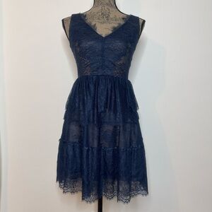 BCBGMAXAZRIA Willa Elegant Navy Layered Lace Sleeveless Dress